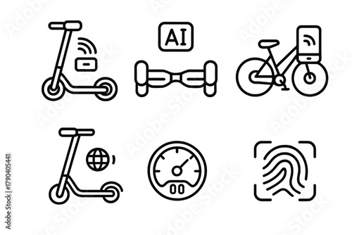 Urban Micro-Mobility Icons. Line style icons of Advanced Urban Micro-Mobility: smart e-scooter, AI self-balancing board,