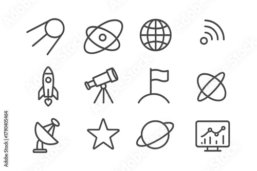Sputnik Icons Collection. Line style icons of Sputnik Era: Sputnik Satellite, Antenna, Orbit Path, Globe; Signal Wave, Rocket,