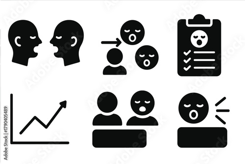 Yawning Study Icons. Solid style icons of yawning observation study: Two Faces Mirroring, Reaction Timeline, Group Chart, Research