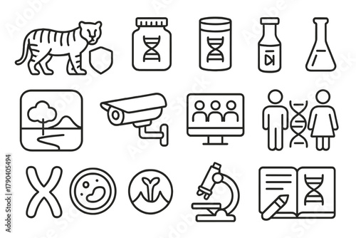 Conservation Genetics Icons. Line style icons of Conservation Genetics: endangered species, gene bank, DNA storage, lab vial;