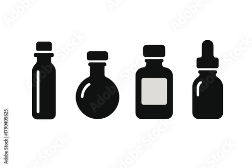 Serum Bottle Icons. Solid style icons of serum bottle variety: Tall Vial, Round Flask, Square Bottle, Dropper Top, Embossed Glass,
