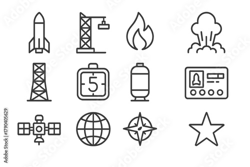 Rocket Launch Icons. Line style icons of Rocket Launches: Rocket, Launchpad, Flame, Smoke; Tower, Countdown, Fuel Tank, Control