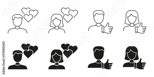 Male And Female With Hearts And Thumbs Up Line And Solid Icon Set. Love, Approval, And Positive Feedback Symbol Collection. Relationship And Social Interaction. Isolated Vector Illustration