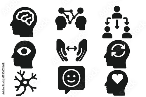 Social Cognition Icons. Solid style icons of social cognition and leadership: social brain icon, empathy neuron network, group