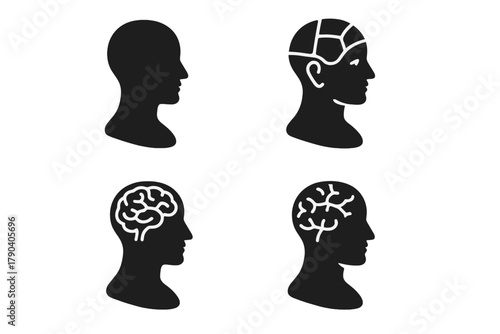 Antique Phrenology Model. Solid style icons of Antique Scientific Model: Head, Painted Sections, Phrenology, Pseudoscience,