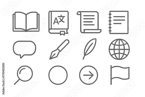 Language Icons Set. Line style icons of Language Interpretation: Book, Dictionary, Scroll, Notebook; Speech Bubble, Pen, Quill,