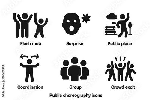 Flash Mob Icons. Solid style icons of Public Choreography: Flash Mob, Surprise, Dance, Public Place, Coordination, Group, Movement