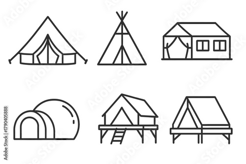 Line Style Tents Icons. Line style icons of Tent and Shelter Structures: canvas bell tent, teepee tent, safari tent, bubble tent,
