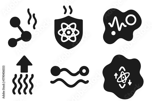 Quantum Heat Transfer Icons. Solid style icons of quantum heat transfer in cells: molecule with thermal wave, quantum heat badge,