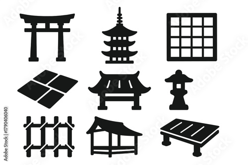 Japanese Architecture Icons. Solid style icons of Japanese architecture elements: Torii Gate, Pagoda, Shoji Screen, Tatami Floor,