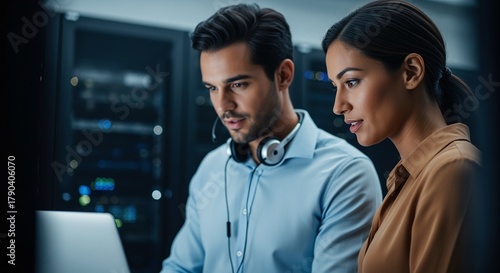 Two IT professionals collaborating in a server room, examining data on a laptop, symbolizing teamwork and technology in a data center environment, focused on digital infrastructure