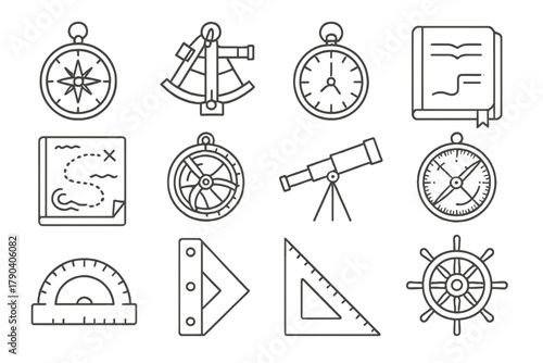 Nautical Instruments Icons. Line style icons of Navigation Instruments: compass, sextant, chronometer, logbook; nautical map,