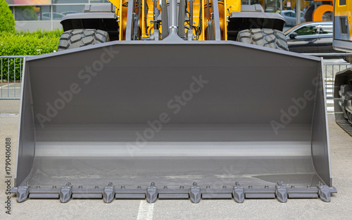 Empty Bucket at Big Wheeled Loader Construction Machine Front View