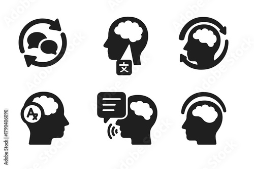Telepathic Translation Icons. Solid style icons of real-time translation via telepathy: language loop glyph, thought-to-text beam,