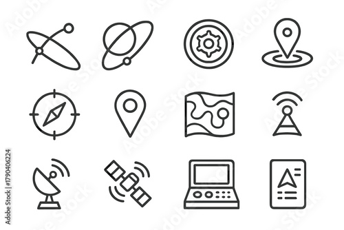Extraterrestrial Navigation Icons. Line style icons of Extraterrestrial Navigation: trajectory chart, orbit path, rover wheel,