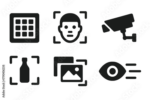 Digital Vision Icons. Solid style icons of digital vision systems: Camera Sensor Grid, Facial Recognition Box, Image Comparison