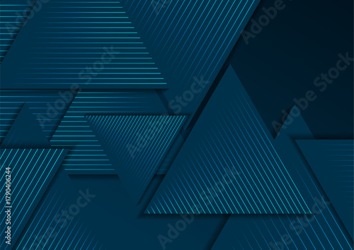 Dark blue tech geometric triangles and glowing lines abstract layered background. Vector digital art design