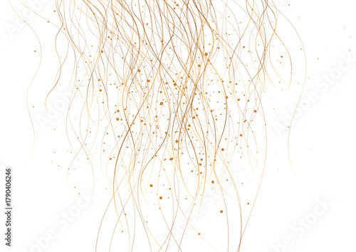 Abstract background with golden wavy lines and small confetti particles. Concept retro vector design