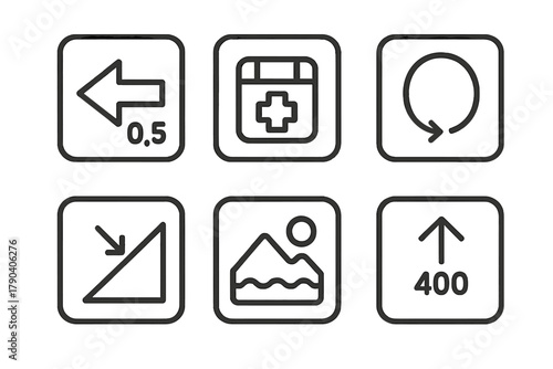 Nature Trail Sign Icons. Line style icons of Nature Trail Signs: arrow with distance, geocache ahead marker, loop trail icon,