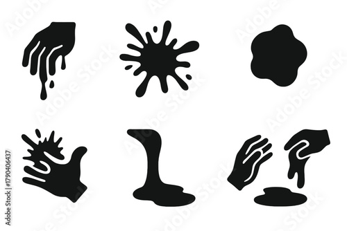 Oobleck Behavior Icons. Solid style icons of oobleck behavior: Dripping Hand, Fluid Splash, Solid Clump, Palm Impact, Flowing