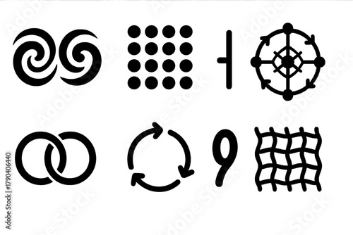 Abstract Quantum Icons. Solid style icons of abstract quantum representations: Dual Vortex, Binary Dot Grid, Matrix Spin, Mirror