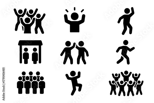 Flash Mob Icons. Solid style icons of Public Choreography: Flash Mob, Surprise, Dance, Public Place, Coordination, Group, Movement