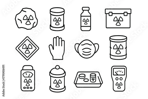 Radioactive Materials Icons. Line style icons of Radioactive Materials: uranium ore, plutonium pellet, isotope vial, containment