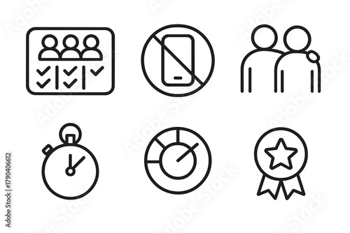 Digital Detox Icons. Line style icons of Group Digital Detox Challenge: group challenge board, no-phone sign, support buddy icon,