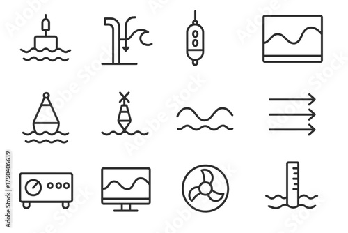 Wave Mechanics Icons. Line style icons of Wave Mechanics: wave height sensor, oscillating water column, probe, graph chart; buoy,