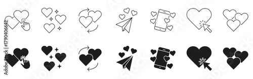 Heart Interaction And Communication Line And Solid Icon Set. Social Media Engagement, Messaging, And Digital Connection Symbol Collection. Love And Interaction Icons. Isolated Vector Illustration