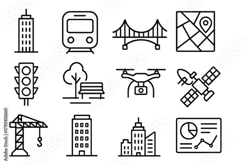 Iconic City Elements. Line style icons of Global Cities: skyscraper, metro, bridge, city map; traffic lights, park, drone,