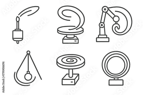 Motion Control Icons. Line style icons of motion control painting: motorized light brush, rotating platform trail, robotic arm