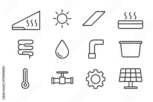 Solar Distillation Icons. Line style icons of Solar Distillation: Solar Still, Sun, Glass Cover, Evaporation Tray; Condenser,