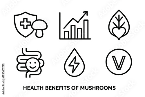 Mushroom Health Icons. Line style icons of Health Benefits of Mushrooms: immune boost icon, anti-inflammatory chart, adaptogen
