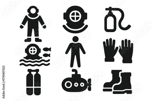 Historical Diving Gear Icons. Solid style icons of Historical Underwater Equipment: Diving Suit, Helmet, Air Hose, Weighted Boots,