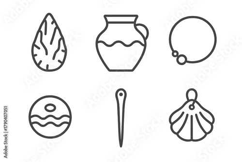 Ancient Artifact Icons. Line style icons of ancient artifact types by material: stone tool, ceramic vessel, metal jewelry, glass