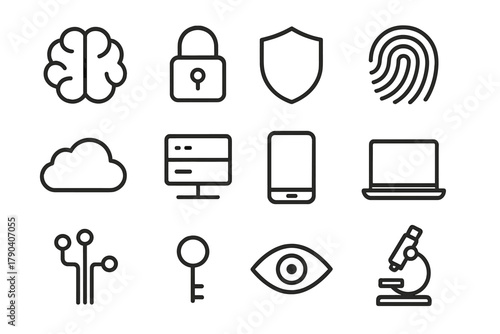 Brain Privacy Icons. Line style icons of Brain Privacy: Brain, Lock, Shield, Fingerprint; Cloud, Server, Tablet, Laptop; Circuit,