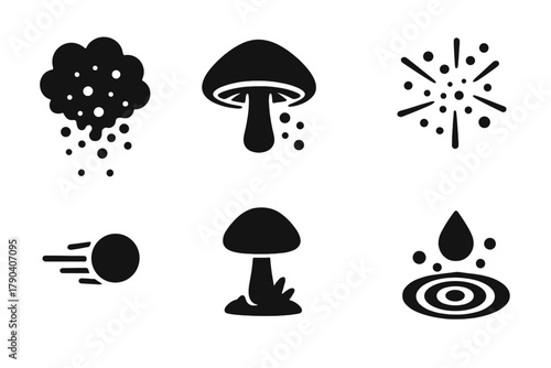 Fungal Reproduction Icons. Solid style icons of fungal reproduction and dispersal: Spore Cloud, Mushroom Cap, Gilled Underside,