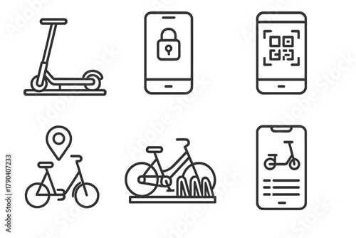 Shared Micro-Mobility Icons. Line style icons of Shared Micro-Mobility Systems: docked scooter station, app-based unlock screen,