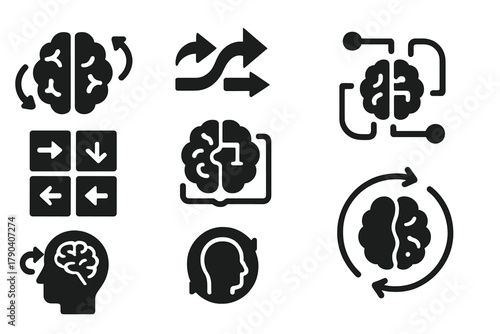 Adaptive Leadership Icons. Solid style icons of cognitive flexibility in leaders: adaptable brain icon, shift-thinking arrows,