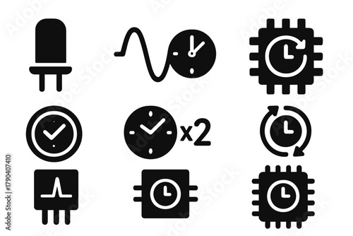 Hardware Time Control Icons. Solid style icons of hardware-level time control: oscillator crystal icon, frequency clock generator,