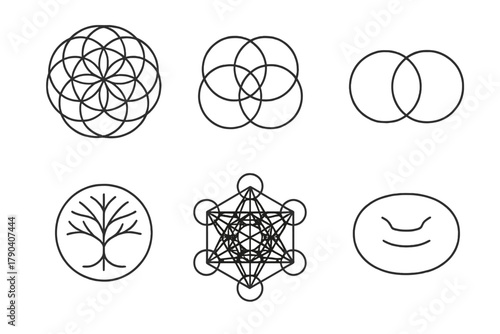 Sacred Geometry Icons. Line style icons of Sacred Geometry Basics: flower of life, seed of life, vesica piscis, tree of life,