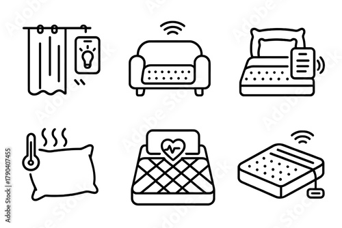Smart Home Fabric Icons. Line style icons of smart home fabric uses: curtain with light control, ambient sofa cover, smart bed