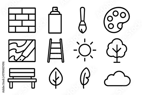 Street Mural Essentials. Line style icons of Street Murals: Wall, Spray Can, Brush, Palette; Color, Stencil, Ladder, Sun; Tree,
