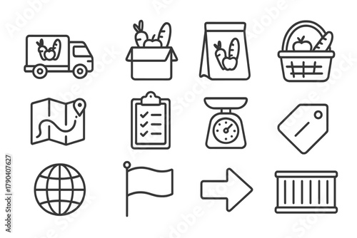 Food Distribution Icons. Line style icons of Food Distribution: Truck, Box, Bag, Basket; Route Map, Clipboard, Scale, Label; Globe