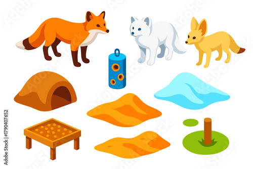 Colorful Zoo Foxes. Isometric vector illustration set Zoo animals – red fox, Arctic fox, fennec fox; den tunnel, sand dune, snow