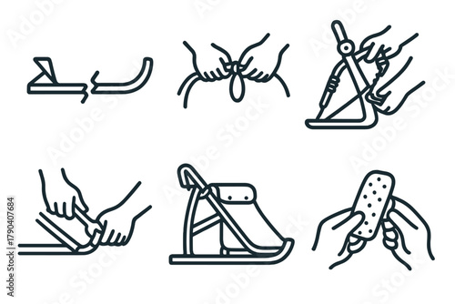 Sled Repair Icons. Line style icons of sled repair: broken runner, tying gangline, adjusting brake, tightening bolts, repairing