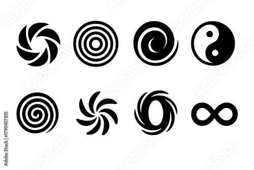 Abstract Vortex Icons. Solid style icons of abstract vortex symbols: Geometric Swirl, Concentric Rings, Black Hole Spiral,