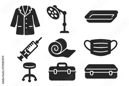 Historical Surgical Instruments. Solid style icons of historical surgical setting: White Coat, Examination Lamp, Metal Tray, Glass