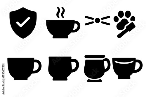 Whisker-Friendly Cup Icon. Solid style icons of Whisker-Friendly Drinking Cup: Guard, Hot Liquid, Whiskers, Grooming, Handle,